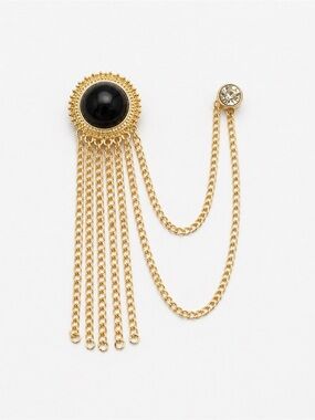 Gold Tone Black Cabochon Brooch Chain Tassel Drape Rhinestone Accent Double Pin